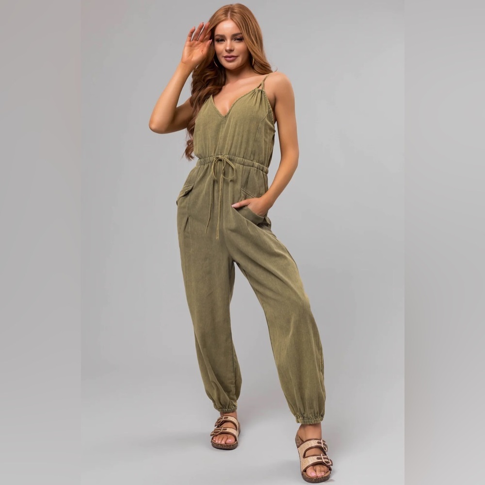 Eesome Stone Washed Drawstring Jogger Jumpsuit Jumper Olive - Picture 4 of 10